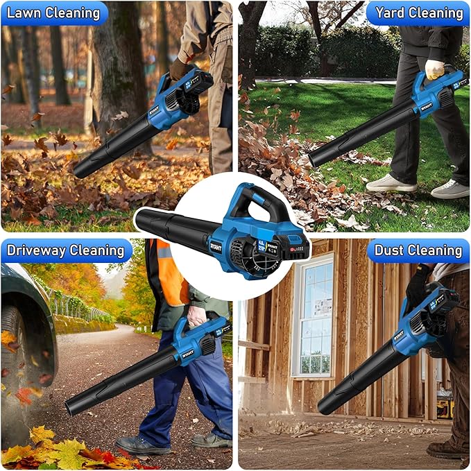 RYAHT Leaf Blower Cordless, 21V Powerful Electric Leaf Blower with 2 X 4.0Ah Batteries and Charger, 2 Speed Modes, Handheld Lightweight Leaf Blowers for Lawn Care, Patio, Dust, Blowing Leaves, Blue