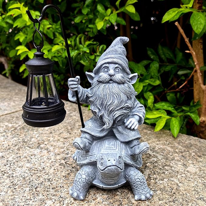 Bezseili Garden Gnome Statue Riding Turtle - Garden Gnomes Decorations with Solar LED Lights, 7.9" Outdoor Resin Figurine Ornament for Patio, Yard, Funny Lawn Decor (Gray)