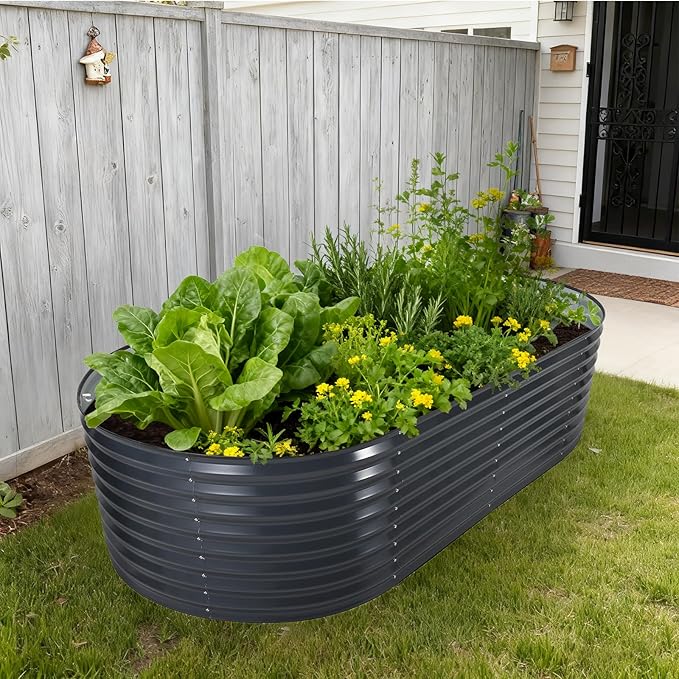 Oval Galvanized Raised Garden Bed Kit with Zippered PVC Cover, Easy Assembly, Thick Metal Outdoor Planter Box for Vegetables, Flowers, Patio Gardening, Grey