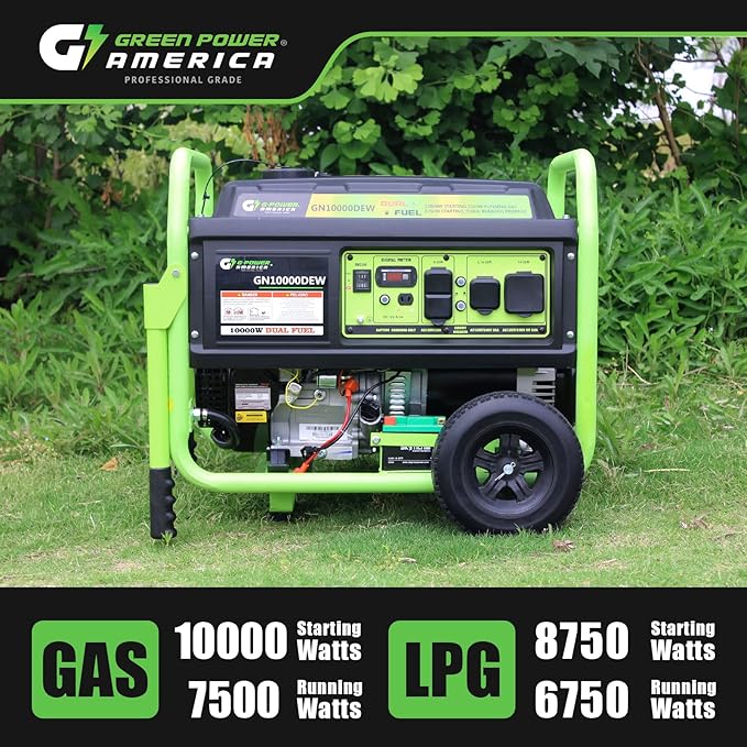 Green-Power America Dual Fuel Portable Generator 10000 Watt,Gas or Propane Powered,Electric Start, Home Back Up & RV Ready