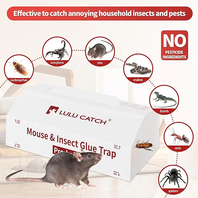 LULUCATCH Mouse Traps, 12 Pack Pre-Baited Sticky Mouse Traps Indoor for Home, Foldable Non-Toxic Bulk Sticky Pads, Glue Traps for Rats, Bugs, Spider, Mice, Cockroach, Pet Safe Pest Control ﻿