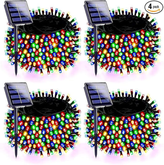 4 Pack 180FT Solar Christmas Lights Outdoor Waterproof, Super Bright 320 LED Solar String Lights with 8 Lighting Modes, Green Wire Solar Twinkle Tree Lights for Outside Xmas Party Yard(Multi-Colored)