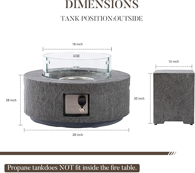 Cosiest Propane Fire Pit with Wind Guard&Tank Cover for Outside, 28 in Round Gas Fire Pits for Outdoor Patio, Certified, 50000 BTU Concrete Rectangle Base with Rain Cover, Free Lava Rocks