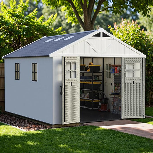 Greesum 10×12 FT Plastic Outdoor Storage Shed with Floor and Lockable Door, Resin Sheds with Windows and Skylights, Weather Resistant Organization for Garden, Lawn, Pool Supplies, Beige