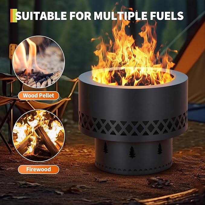 16In Smokeless Fire Pit - Wood Burning Firepit Table with Removable Ash Pan & Dust Bag, Outdoor Fireplace for Patio BBQ, Camping, Bonfire