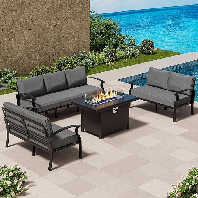Aluminum Patio Furniture Set with Fire Pit Table, 7 Seats Outdoor Conversation Set Modern Metal Patio Sectional Sofa with Upgrade Cushions for Patio, Backyard (Grey)