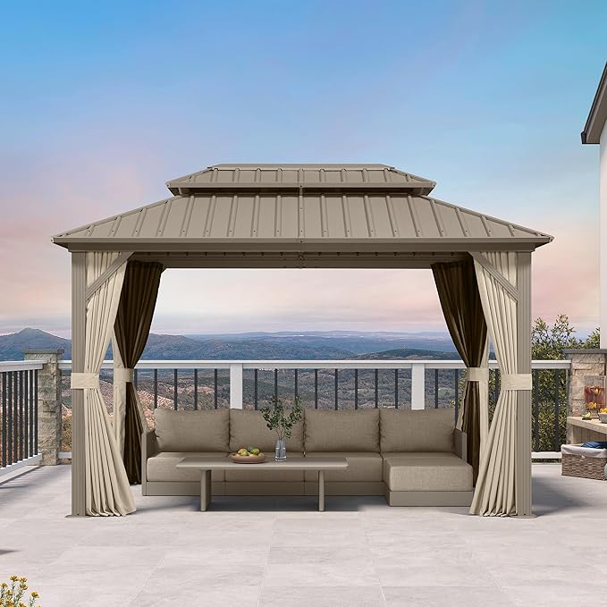 PURPLE LEAF 8' x 12' Outdoor Hardtop Gazebo, Champagne Aluminum Gazebo with Galvanized Steel Double Roof, Curtains and Netting for Patio Lawn and Garden