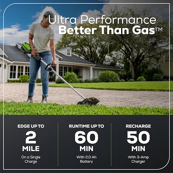 Greenworks 60V 8" Brushless Cordless Edger with 2.0Ah Battery & Charger – Tool-Free Depth Adjustment, Lightweight Lawn Edging Tool, 4-Year Warranty