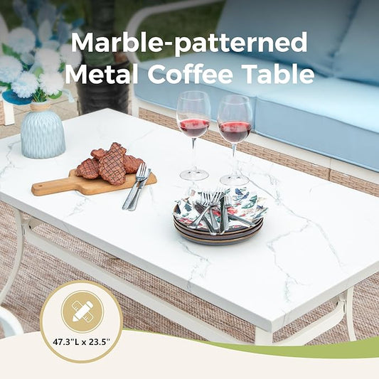 4 Piece Patio Furniture Set, 2 x Rocking Chair, 1 x 3-Seat Sofa with Marbling Coffee Table, All Cushioned 5 Seats Outdoor Conversation Set for Lawn Garden Backyard, Blue