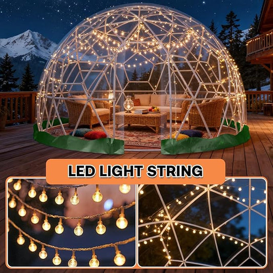 Garden Dome Tent 12*7.2FT, 360° View Geodesic Dome Greenhouse with PVC Clear Cover, Waterproof Garden Bubble Dome Tent House with 2 x 10M Light Strings for Outdoor, Green