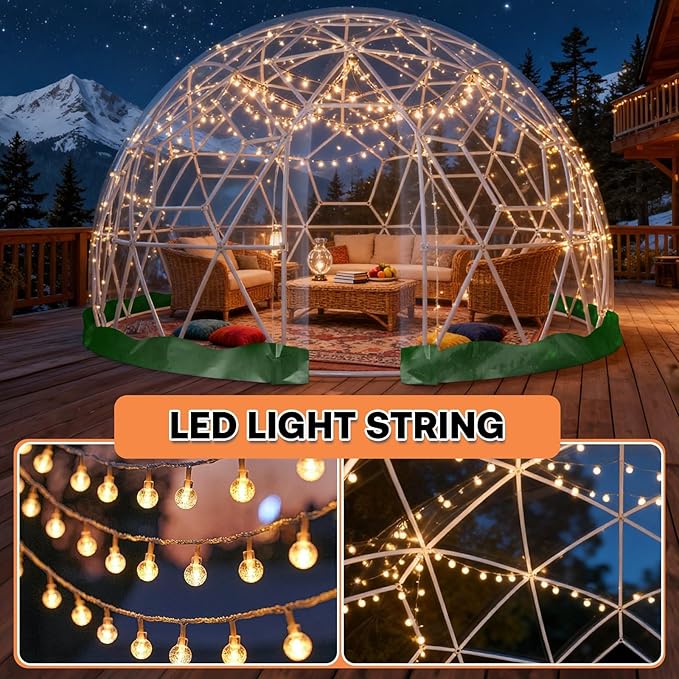 Garden Dome Tent 15*9.5FT, 360° View Geodesic Dome Greenhouse with PVC Clear Cover, Waterproof Garden Bubble Dome Tent House with 2 x 10M Light Strings for Outdoor, Green
