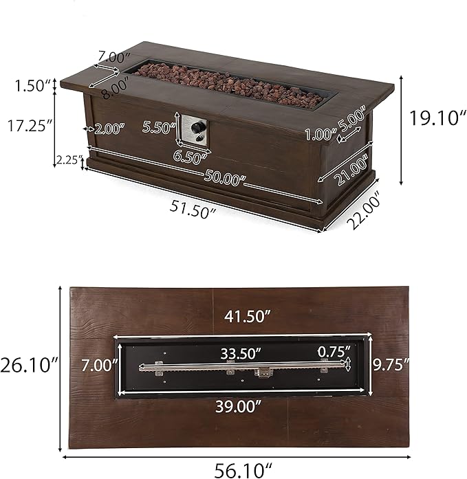 Propane Fire Pit Table, 56" MGO Firepits for Outside, Rectangular Gas Fire Pit for Outside Patio, Propane Fire Table with Rain Cover for Deck, Backyard, 50,000BTU, Tank Not Included, Brown