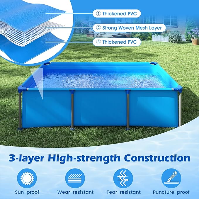 GYMAX 8.5' x 6' x 26" Metal Frame Above Ground Swimming Pool, Outdoor Backyard Famliy Pool w/Puncture-Resistant Fabric, Drainage Valve Connector for Kids & Adults (8.5' x 6' x 26", Rectangle, Blue)