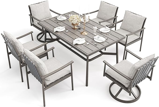 HAPPATIO 7-Piece Outdoor Dining Set for 6, Aluminum Patio Dining Set Includes 4 Dining Chairs, 2 Swivel Dining Chairs, and 1 Large Rectangular Table with Umbrella Hole, for Lawn Porch Backyard, Grey