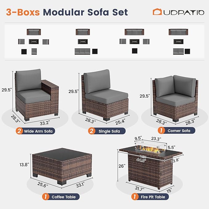 UDPATIO Patio Furniture Set with Fire Pit Table, 8 Inch Armrest Outdoor Sectional Sofa, 7 Piece Wicker Outdoor Furniture Conversation Sets with Waterproof Cover for Backyard Deck(Brown/Dark Grey)