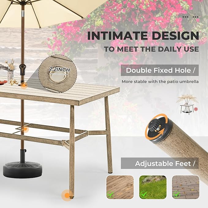 HAPPATIO 7-Piece Outdoor Dining Set for 6, Aluminum Patio Dining Set Includes 4 Dining Chairs, 2 Swivel Dining Chairs, and 1 Large Rectangular Table with Umbrella Hole, for Lawn Porch Backyard, Brown