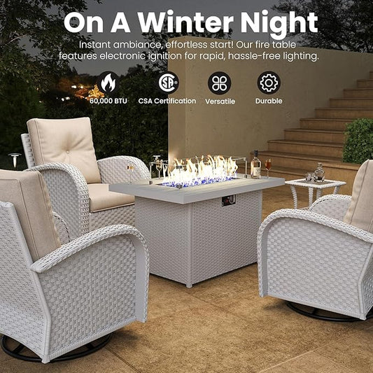 Rectangular Fire Pit Table, 44 inch Propane Gas Fire Pit with Glass Rocks, Wind Guard Glass Shield, Waterproof Cover for Outside Patio Backyard Deck Balcony