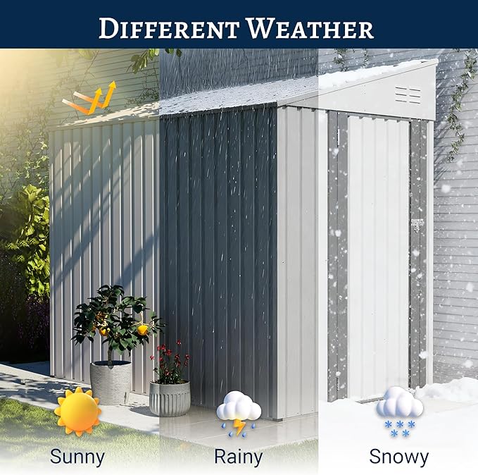 4x7 FT Outdoor Storage Shed Lean to Shed,Metal Shed W/Lockable Door & Air Vent,All Weather Waterproof Garden Tool House W/Reversible Installation,for Backyard,Patio,Lawn,White