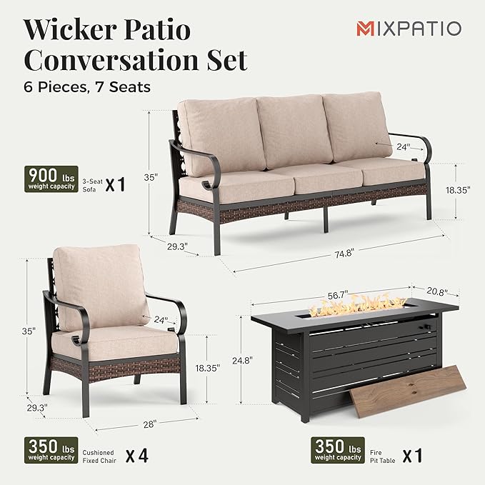Patio Furniture Set with Firepit Table, Black Frame Outdoor Conversation Set with 4 x Fixed Chairs, 1 x 3-Seat Sofa for Lawn Garden Backyard, Beige