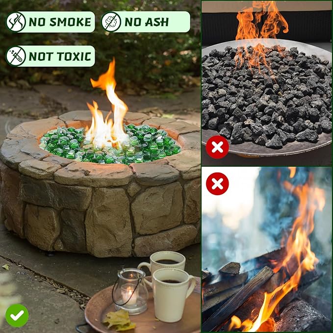Fire Pit Glass Rocks Square, Fire Glass Cubes, Tempered Firepit Stones for Fireplace, Firepit Table Indoor or Outdoor, Replacing Traditional Burning Wood 10 pounds, Green Reflective