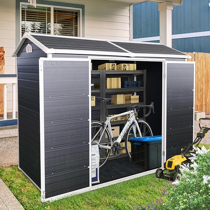8x4 ft Outdoor Resin Storage Shed with Floor, Waterproof Plastic Garden Shed with Lockable Door and Two Windows, All-Weather Tool Sheds for Backyard, Patio, Lawn (Black)