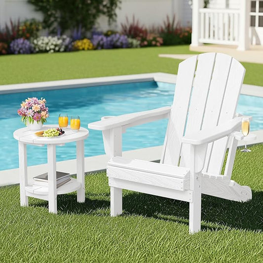 SERWALL Round Outdoor Side Table, HDPE Small Adirondack End Table,2-Tier Patio Side Table for Backyard Pool Porch Garden Lawn, White