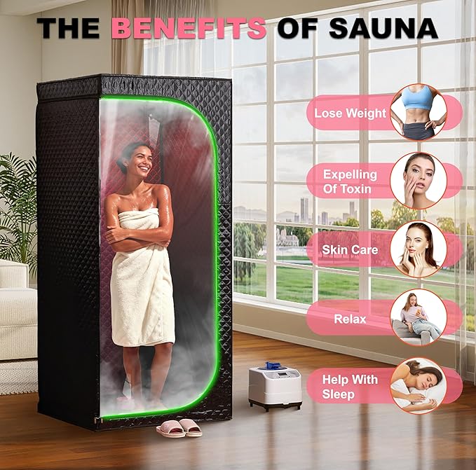 Steam Sauna Tent for Home with Transparent Door, Portable Indoor Sauna with Powerful Steam Heating, Foldable Personal Spa for Relaxation (Single Rectangular – Red Light, Black)
