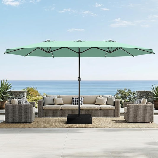 Sophia & William 15 ft Extra Large Patio Umbrella with Solar Lights, Rectangular Outdoor Umbrella with Base Included, Market Umbrella Double-sided Heavy Duty for Pool Garden Backyard, Mint