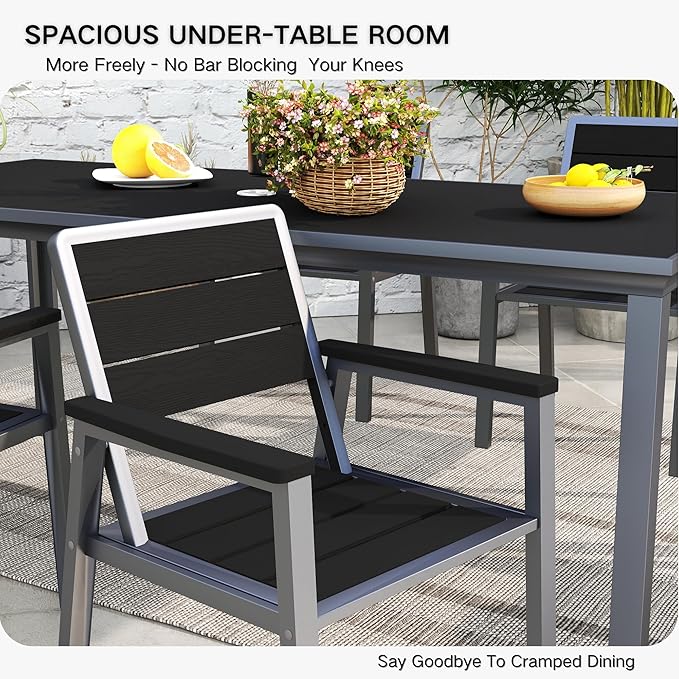 Kingdura 7 Piece Patio Dining Set for 6, HDPE Outdoor Table & Chairs with Umbrella Hole, All-Weather Outdoor Furniture Patio Conversation Set for Lawn Pool Backyard, Dark Grey