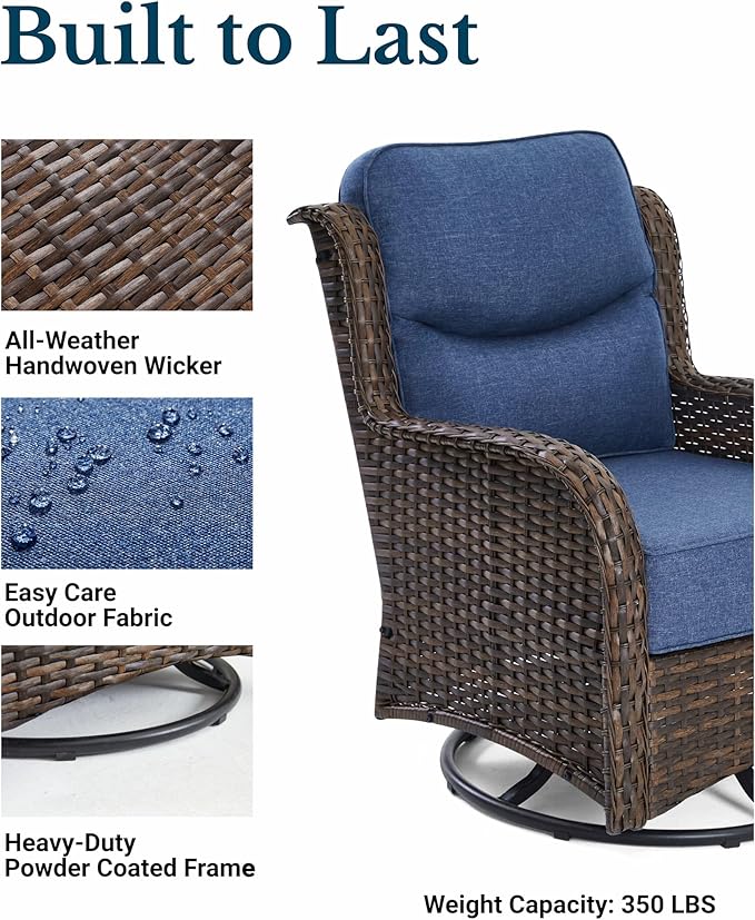 HILLGA Luxury Outdoor Swivel Rocker Patio Chairs of 2 with 6 Inch Thick Cushions and Side Table, Swivel Outdoor Chairs 3PCS High Back Wicker Patio Furniture Set for Porch, Balcony, Deck in Blue