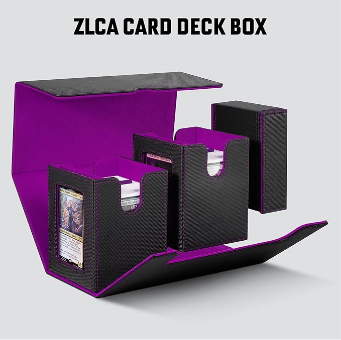 ZLCA Card Deck Box with Commander window Display, MTG Deck Box with Dice Tray Holds 200+ Double-Sleered Cards,Card Storage Case fit for YuGiOh,MTG,Sport (Black&Purple)