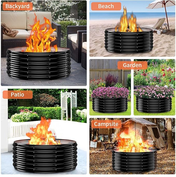 39 Inch Fire Pit Ring for Outside Wood Burning,17'' Taller High Heat Resistant Outdoor Firepit & Fireplace,Heavy Duty Galvanized Steel Fire Bowls Portable for Backyard Bonfire,Patio,Camping,Round