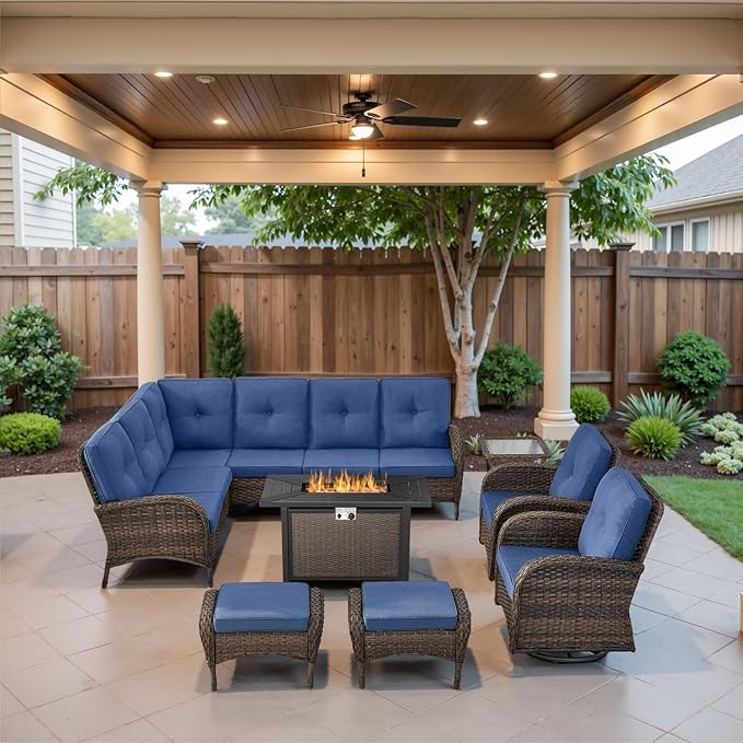 Belord 8 Pieces Patio Conversation Set with 43” Propane Fire Pit Table, Outdoor Sectional Furniture Sofa Set with Removable Cushions for Patio Deck Backyard Brown