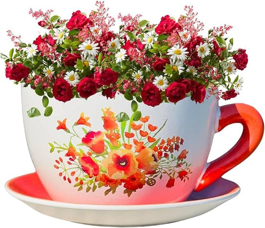 7.5" Round Ceramic Teacup Shape Planter Pot with Saucer for Succulents Orchids Herbs Cactus Indoor Houseplants Flowers for Home Garden and Event Decor – Orange Poppy Floral