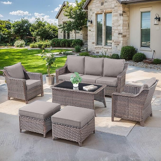 6 Pieces Outdoor Patio Furniture-High Back Rattan Wicker Couch with Outdoor Chairs Patio Conversation Sets for Porch Garden Backyard Poolside-Brown/Grey