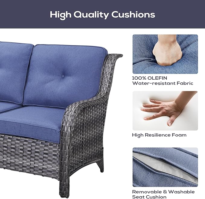 Belord Outdoor Sectional Sofa Furniture Set with Propane Fire Pit Table, Wicker Patio Conversation Set with 2 Swivel Glider Rocker Chairs Blue Cushion Perfect for Backyard Casual Gathering