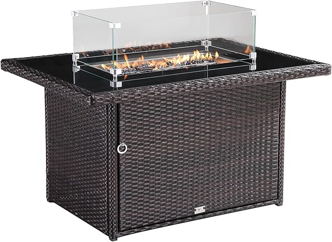 44 in. x 32 in. Rectangular Outdoor Brown Wicker Aluminum Propane Fire Pit Table in Tempered Glass w/Fire Glass, Add Warmth and Ambience to Gatherings and Parties On Patio Deck Garden