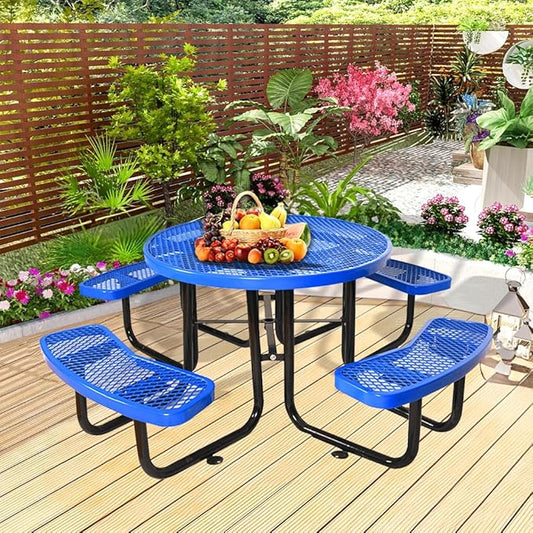 Rueekfil 46" Thermoplastic Picnic Table with Umbrella Hole up to 1.5", Heavy Duty Commercial Picnic Table for Outdoor, Family & Party Ready for School Camping, Round, Blue