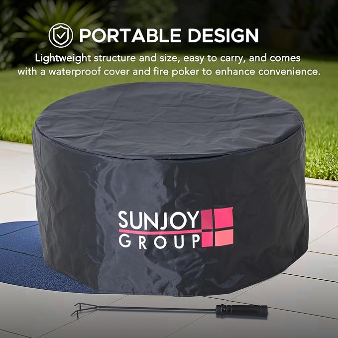 SUNJOY 28 in Round Smokeless Fire Pit with Removable Ash Pan, Outdoor Portable Circular Geometric Wood Burning Fireplace with PVC Cover and Fire Poker,Ideal for Camping, Bonfire, and Backyard, Black