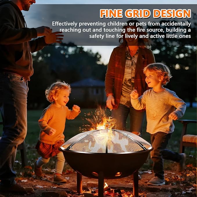27 Inch Fire Pit Spark Screen,Stainless Steel Fire Pit Screen Cover with Handle&Poker,Outdoor Fire Pit Screen Cover Round Mesh Lid Heavy-Duty for Backyard/Beach/RV Camping