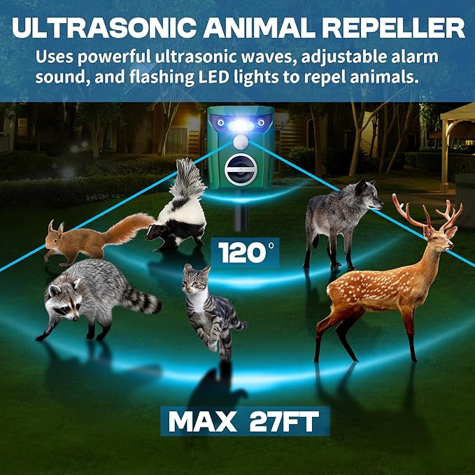 2 Pack Motion Activated Cat Repellent, Outdoor Weatherproof Deer Repellent Device with Flashing Lights & Alarm Solar Ultrasonic Animals Repellent for Cats, Dogs, Raccoons, Rabbits, Squirrels, Skunks