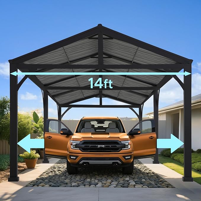 SUNJOY Carport 14 ft. x 20 ft. Hardtop Gazebo Heavy Duty Garage Car Shelter with Brown Powder-Coated Steel Roof/Black Frame and 2 Ceiling Hooks, Shade for Backyard, Patio Lawn and Garden