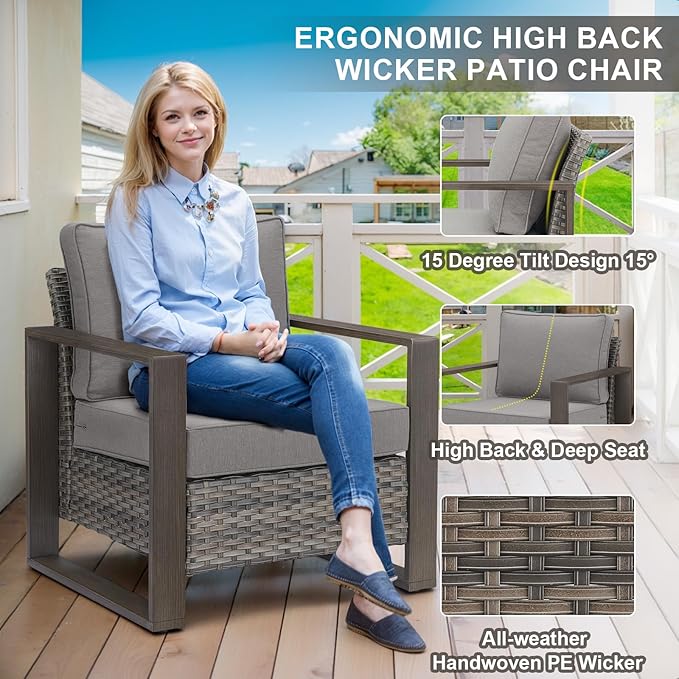 Belord Patio Wicker Chairs Set of 2-350 LBS Weight Capacity Wicker Outdoor Club Chair Set with Metal Wide Armrests for Porch Deck Sunroom Backyard
