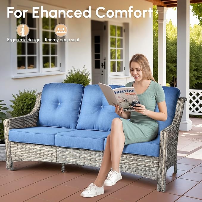 8 Pieces Patio Outdoor Furniture Set with Swivel Rocking Chairs,All Weather Wicker Rattan Patio Seating Sofa and Chair Set w/Ottoman,Outdoor Conversation Sets for Deck Yard Garden,Blue