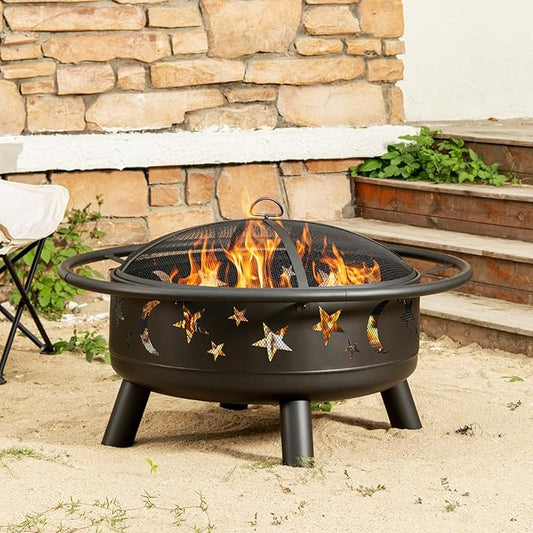 32" Round Wood Burning Fire Pit with Mesh Cover, Fire Poker, Star & Moon Cutouts, Metal Outdoor Firepit for Patio, Backyard, Garden, Bonfire, Camping, Christmas, Thanksgiving, Halloween