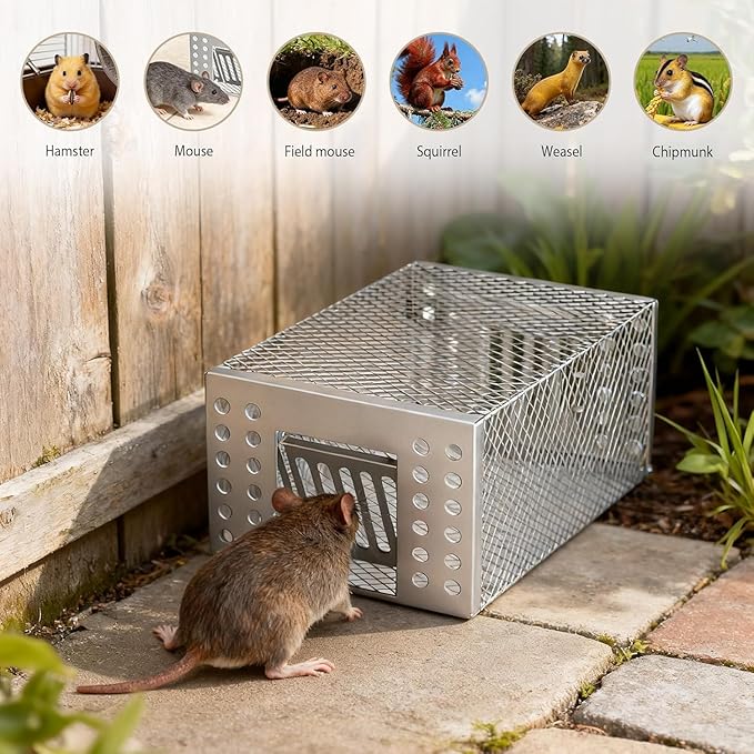 2026 Upgraded Stainless Steel Automatic Mouse Trap, Easy Setup for Indoor and Outdoor Use, Humane No-Kill Live Trap with One-Way Door, Catch & Release for Mice and Rodents (1)
