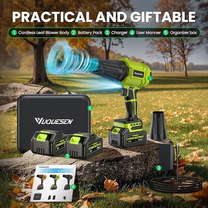 Cordless Leaf Blower, 980,000 RPM Handheld Leaf Blower with 2 X 4.0Ah Batteries & Charger, Lightweight Leaf Blowers for Patio Cleaning, Lawn Care, Leaves, Dust - Light Green