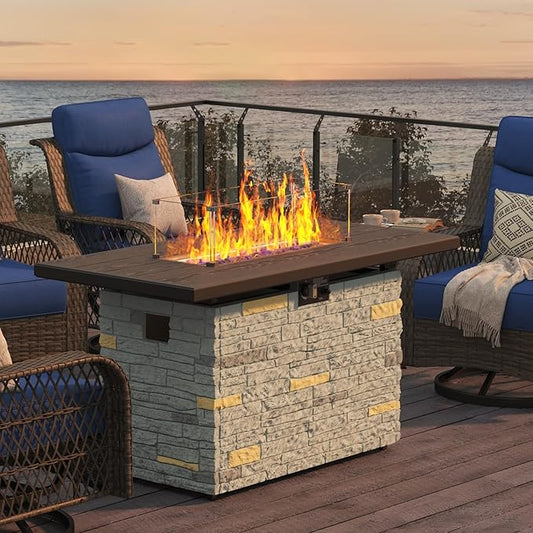 PIZZELLO 43" Propane Fire Pit Table Outdoor Stone Firepit Table Rectangular 50000 BTU Propane Fire Tables for Outside Patio with Wind Guard, Table Lid, Fire Beads, Cover,Pizzello Caldo (Gray)