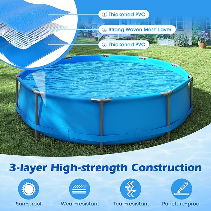 GYMAX 12ft x 30in Metal Frame Above Ground Swimming Pool, Outdoor Backyard Famliy Pool Set with Puncture-Resistant Fabric, Drainage Valve Connector for Kids & Adults (12' x 30", Round, Blue)