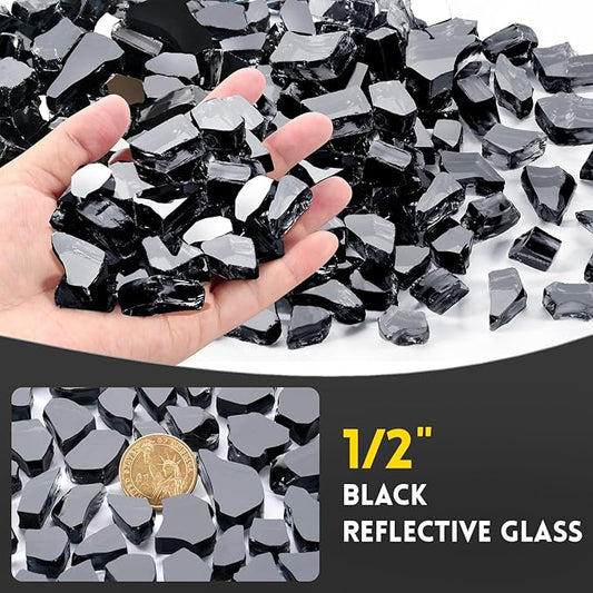 20 Pounds Fire Glass 1/2 Inch High Reflective Tempered Firepit Glass Rocks for Fireplace, Fire Pit Table, Fire Bowl and Landscaping (Onyx Black)